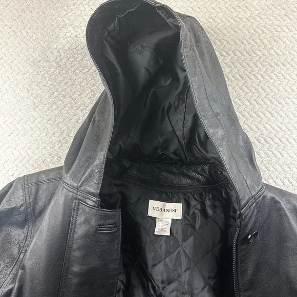 Black Leather Trench Coat 3XL 90s Goth Biker Duster Hooded Fantasy Matrix Neo - Picture 12 of 16